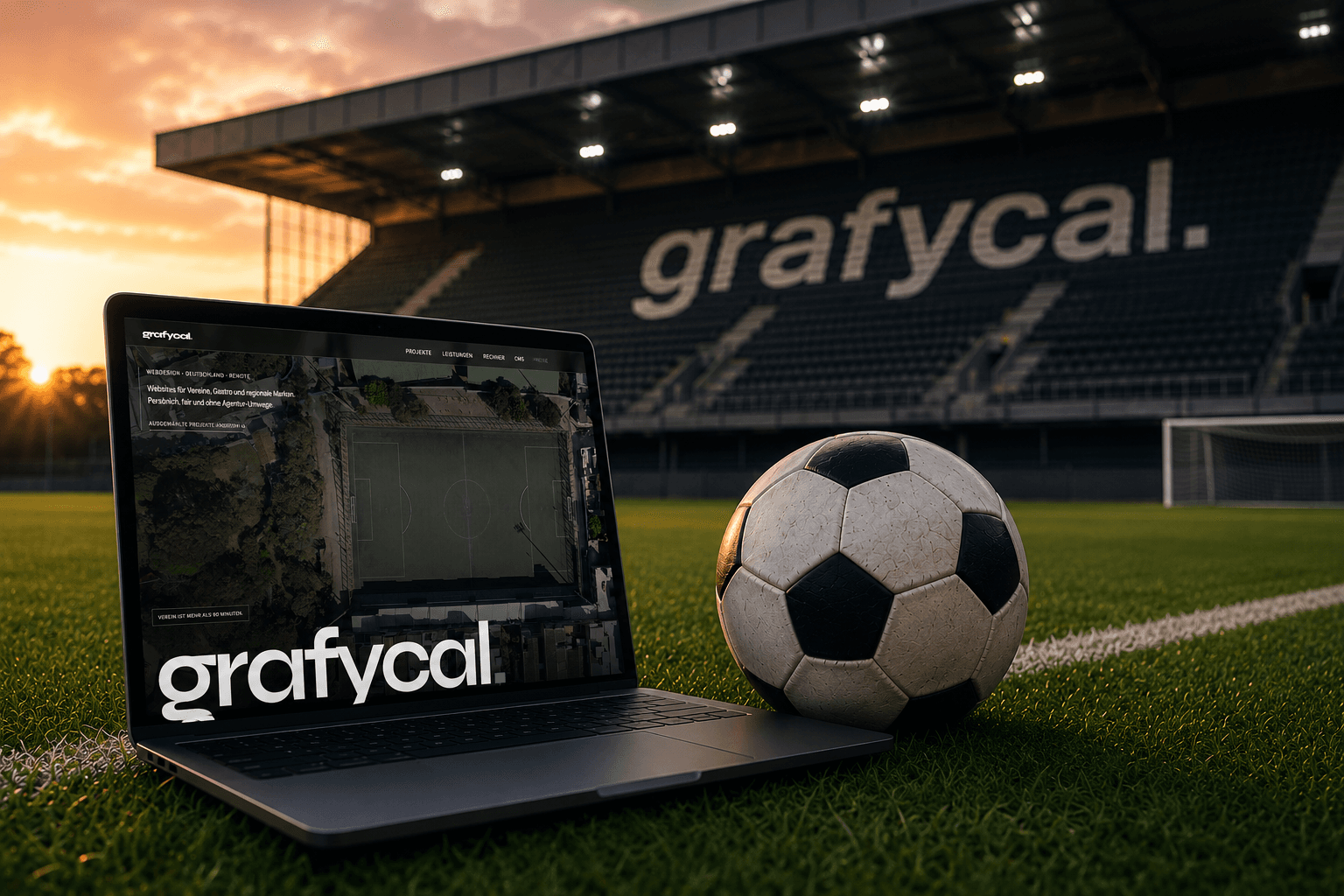 Laptop mit grafycal.-Website und Fußball in einem Stadion